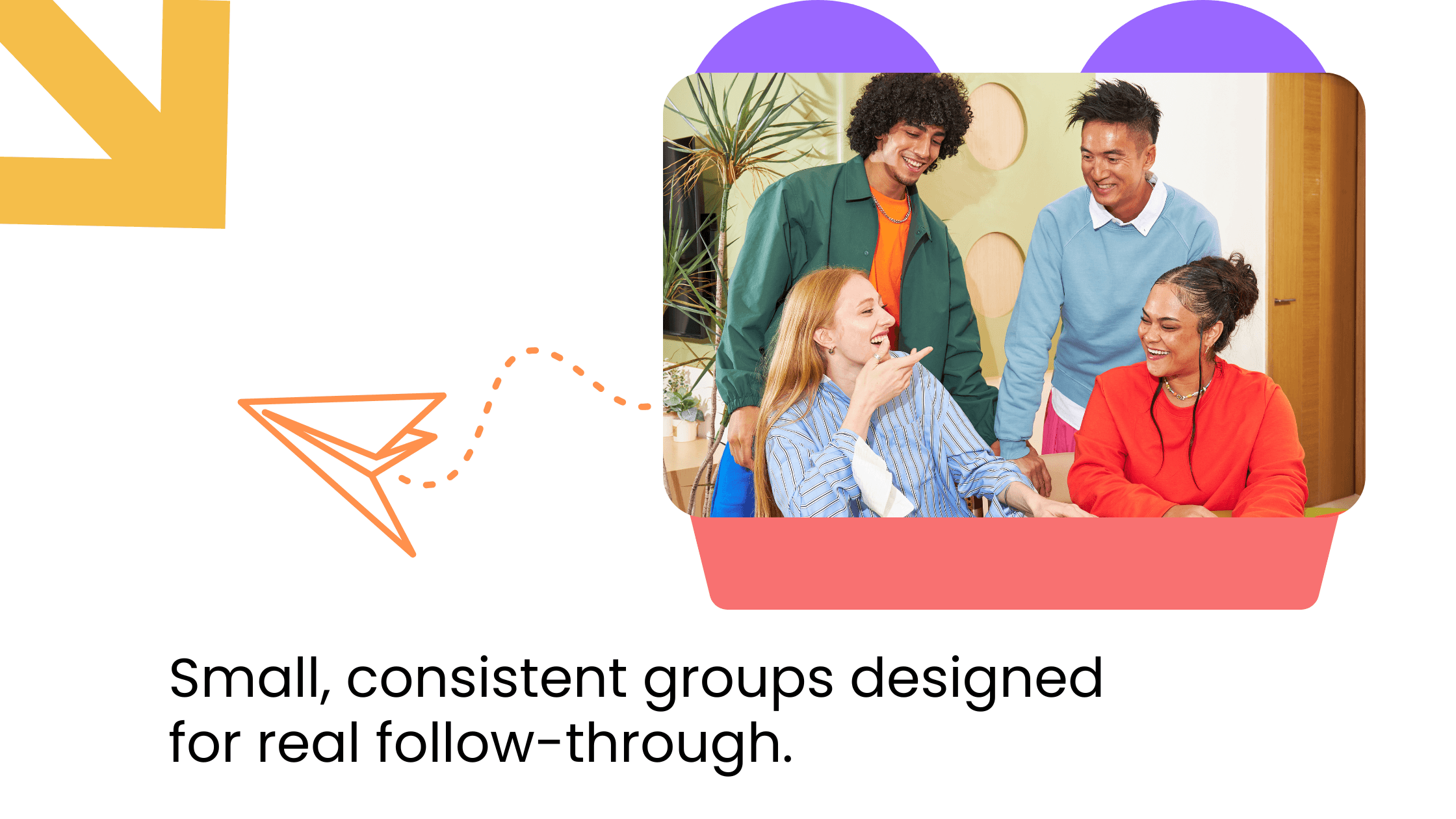 Four people in a small group discussion, smiling and talking together, representing a consistent coaching accountability group.