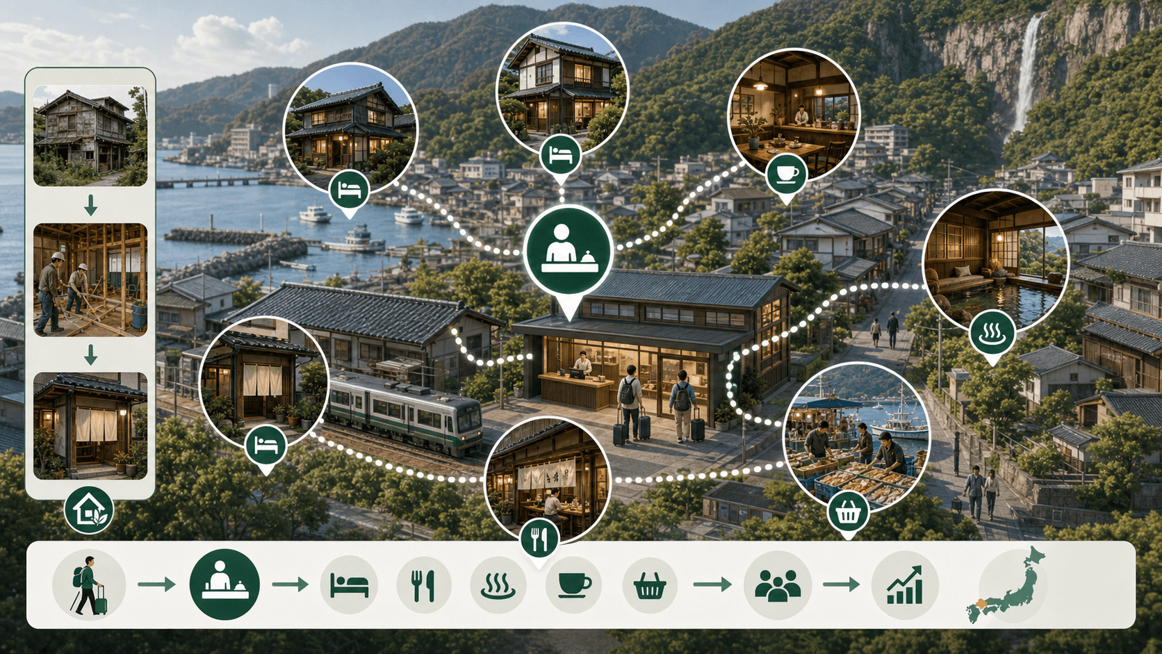 国内の港町における分散型ホテルの実践イメージ