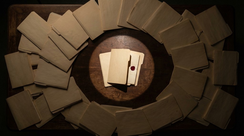 Top-down photograph of an antique wooden desk buried in dozens of overlapping manila folders that fade into shadow at the edges. A hard-edged circle of light in the center isolates just three folders standing upright — a visual metaphor for ruthless prioritization, keeping only what matters most.