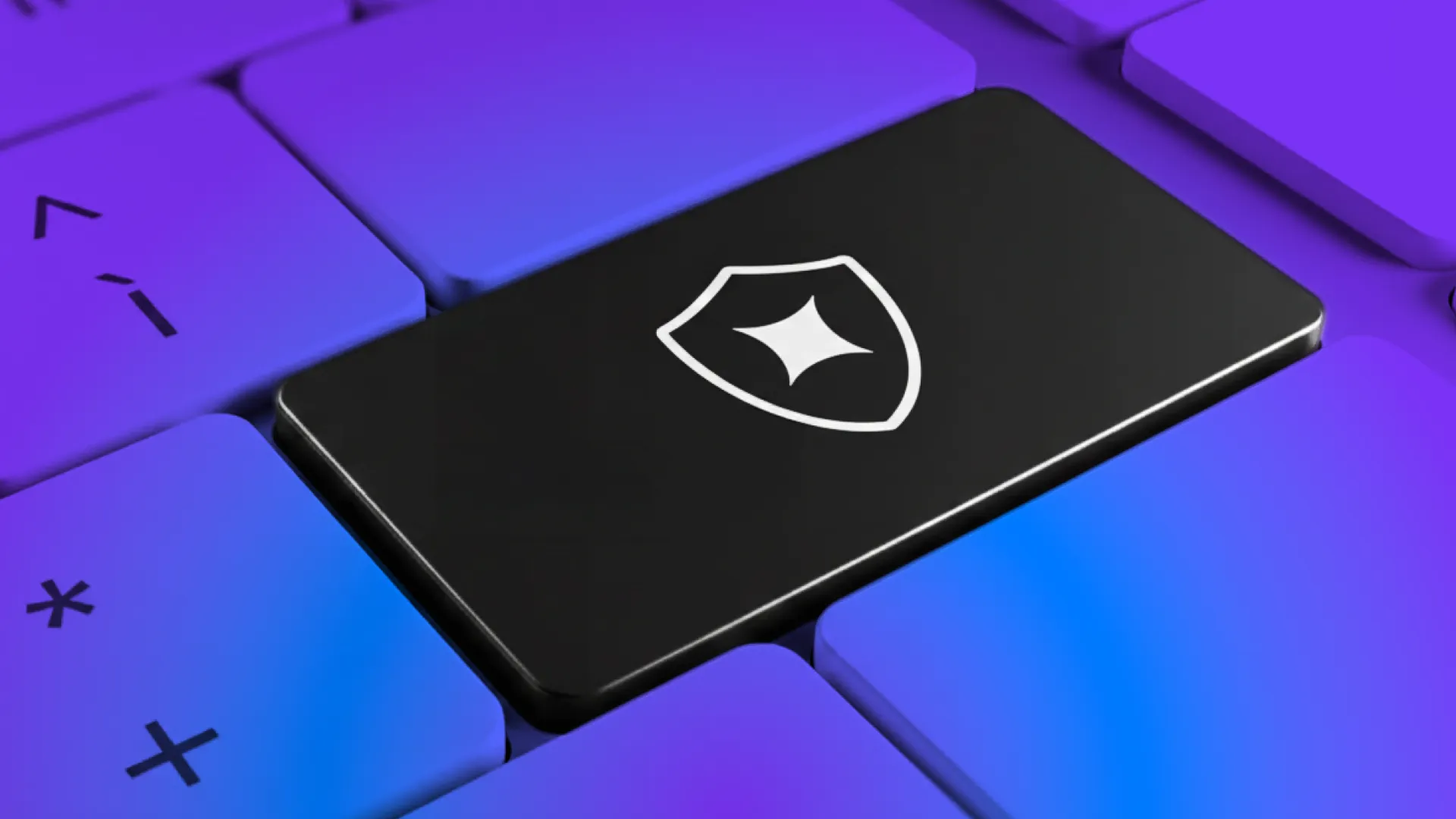 Close-up of a backlit keyboard in shades of purple and blue, featuring a prominent black key in the center with a white shield icon with the HENNGE icon inside. Above the image, the text reads: "How HENNGE Helps MSPs Counter AI-Assisted Attacks."