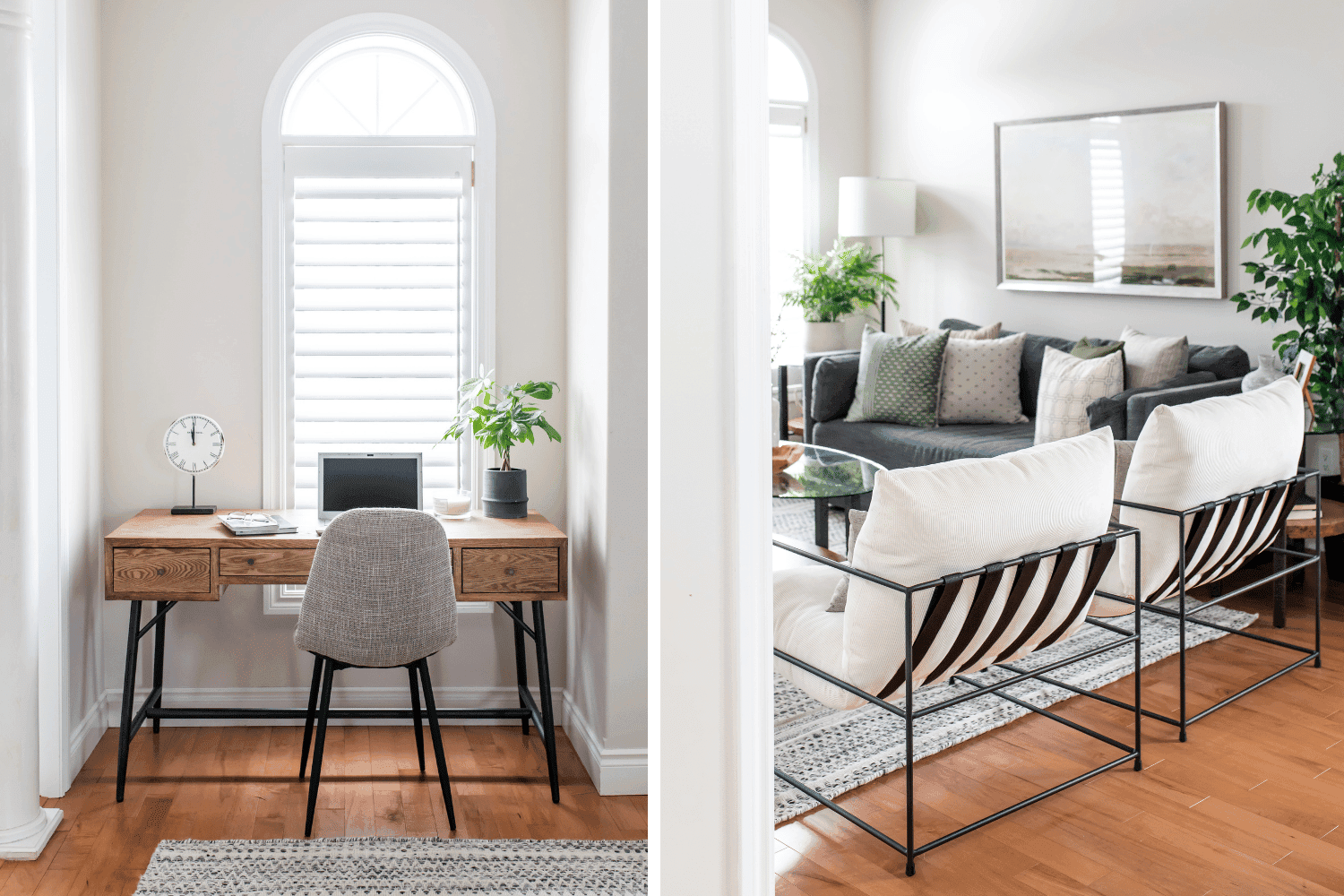 Cozy calm living room open concept in gray, green and off-white tones