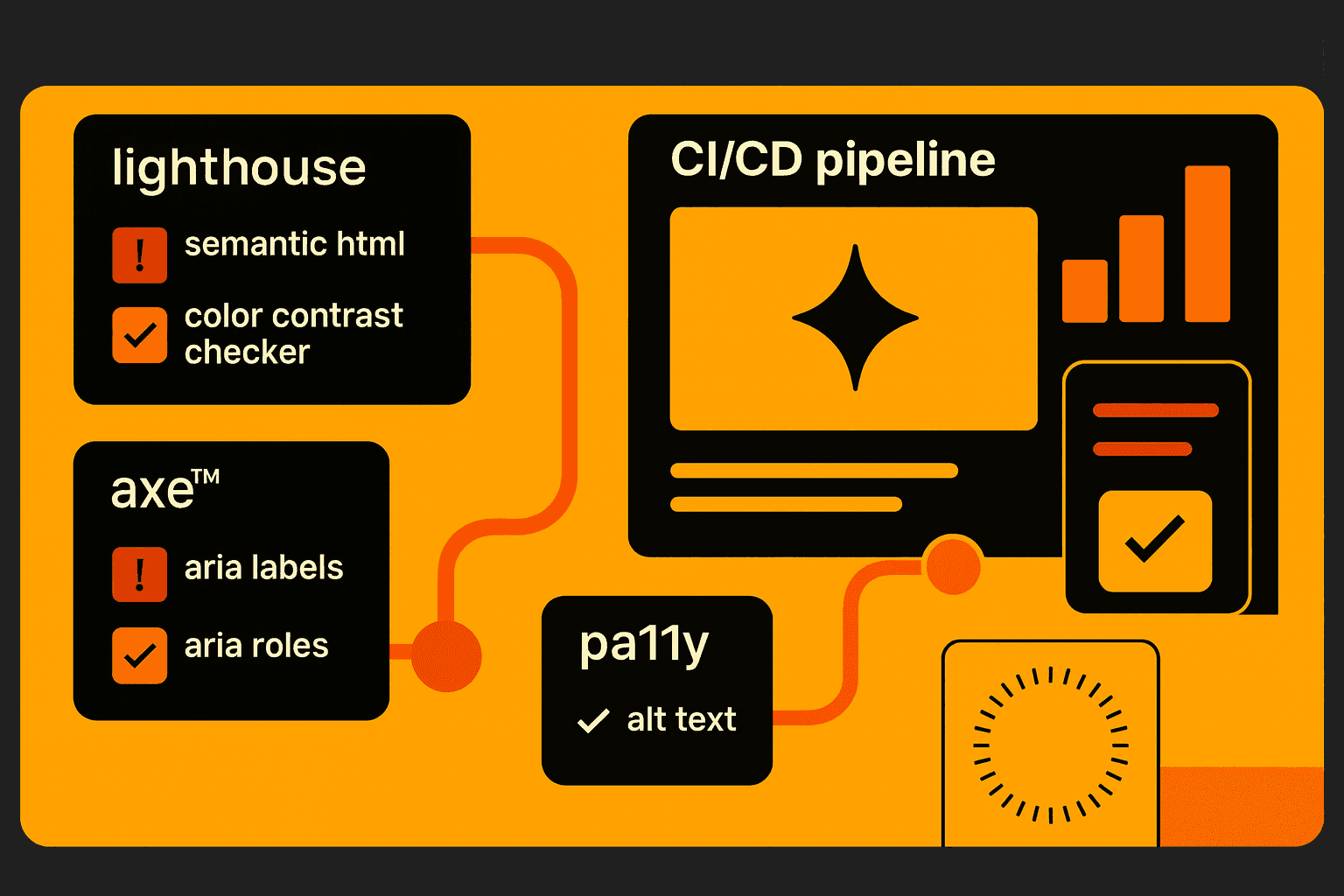 CI/CD pipeline showing automated accessibility checks with Lighthouse, Axe, and Pa11y