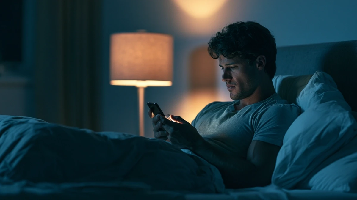 A man in a dark room looking at his phone screen late at night.