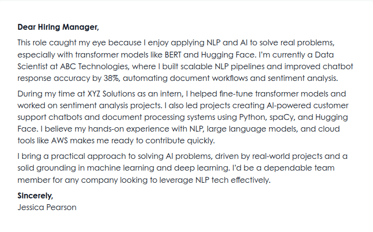 Tsenta auto-generated cover letter with generic opening line and missing company name