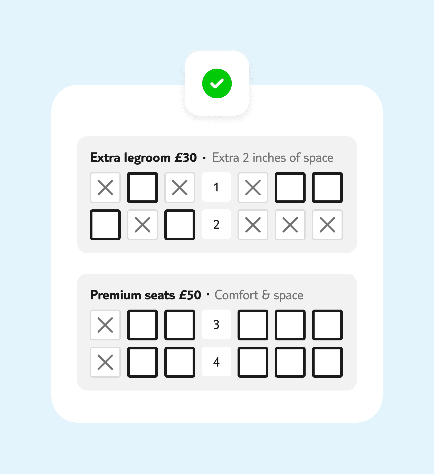 Wireframe showing seats grouped by seat type. 
