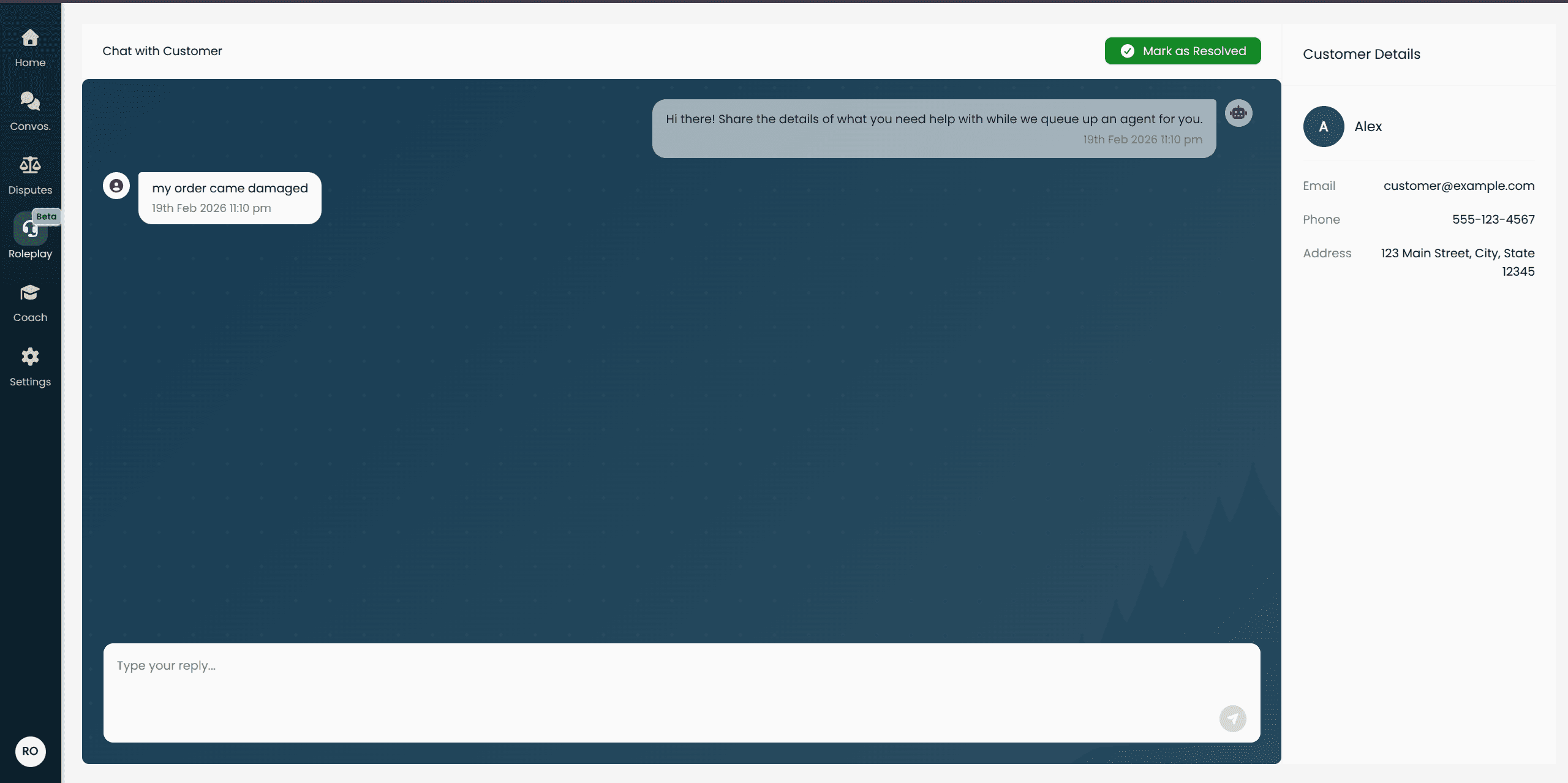  Screenshot of the chat roleplay page showing the chat interface with the message input at the bottom and the AI persona's opening message visible.