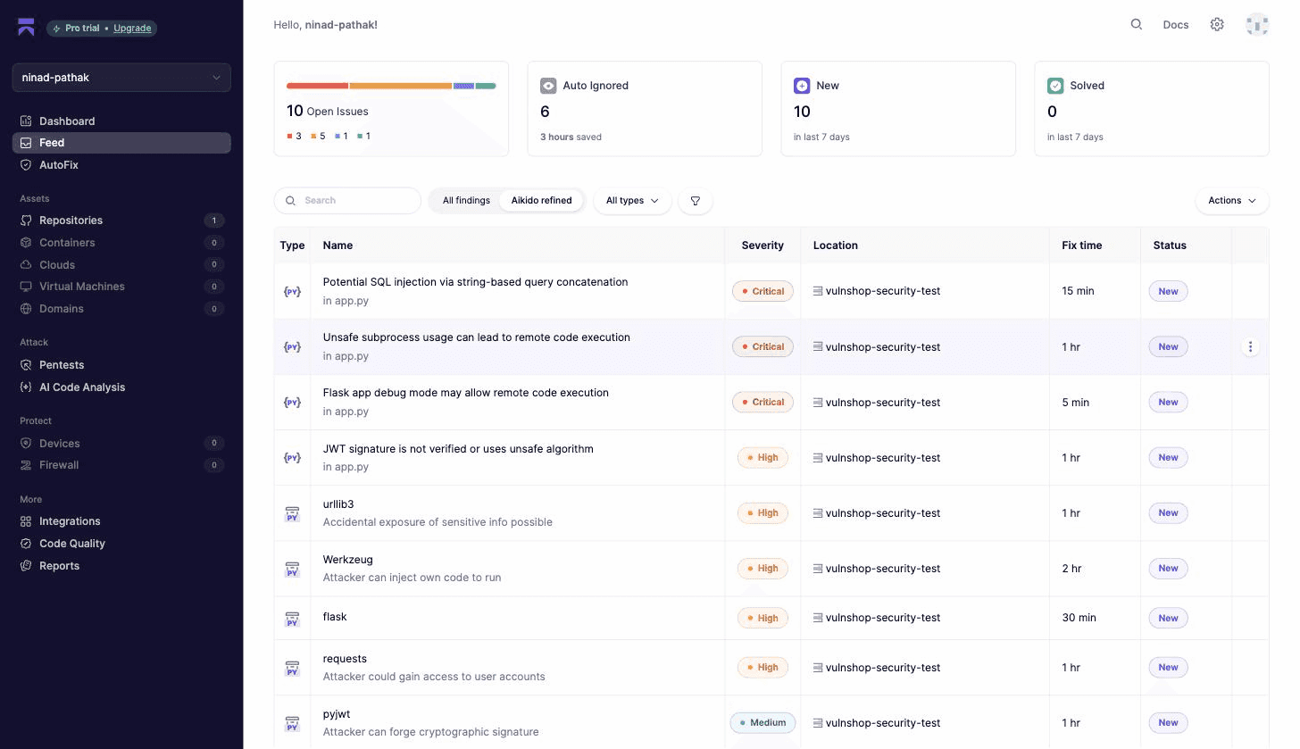 Aikido issue feed after scanning the vulnerable repo, flagging SQL injection, unsafe subprocess RCE, and Flask debug RCE as Critical in app.py, plus vulnerable Werkzeug, Flask, requests, and PyJWT dependencies
