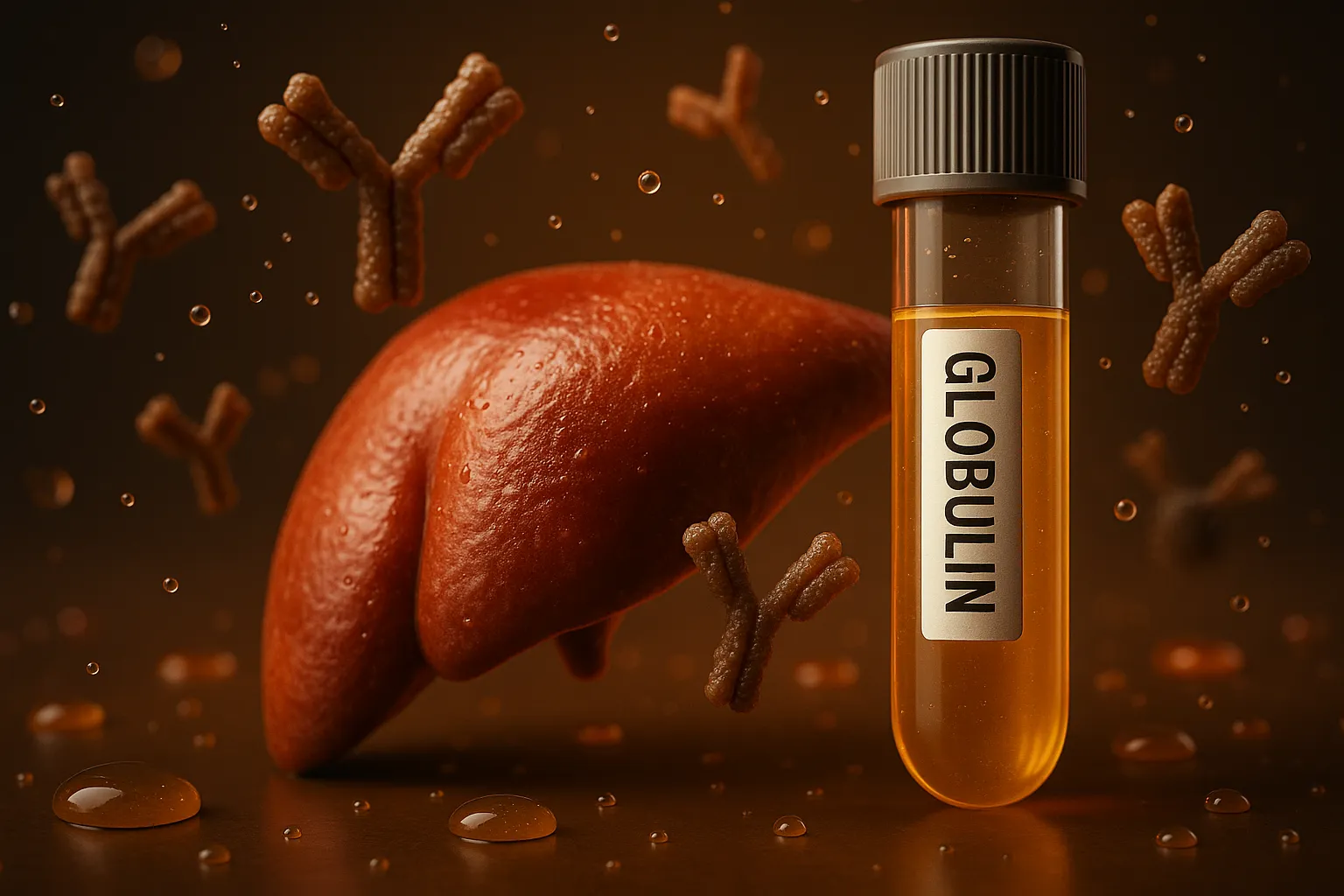 Globulin blood test vial with stylized liver and floating antibody shapes.