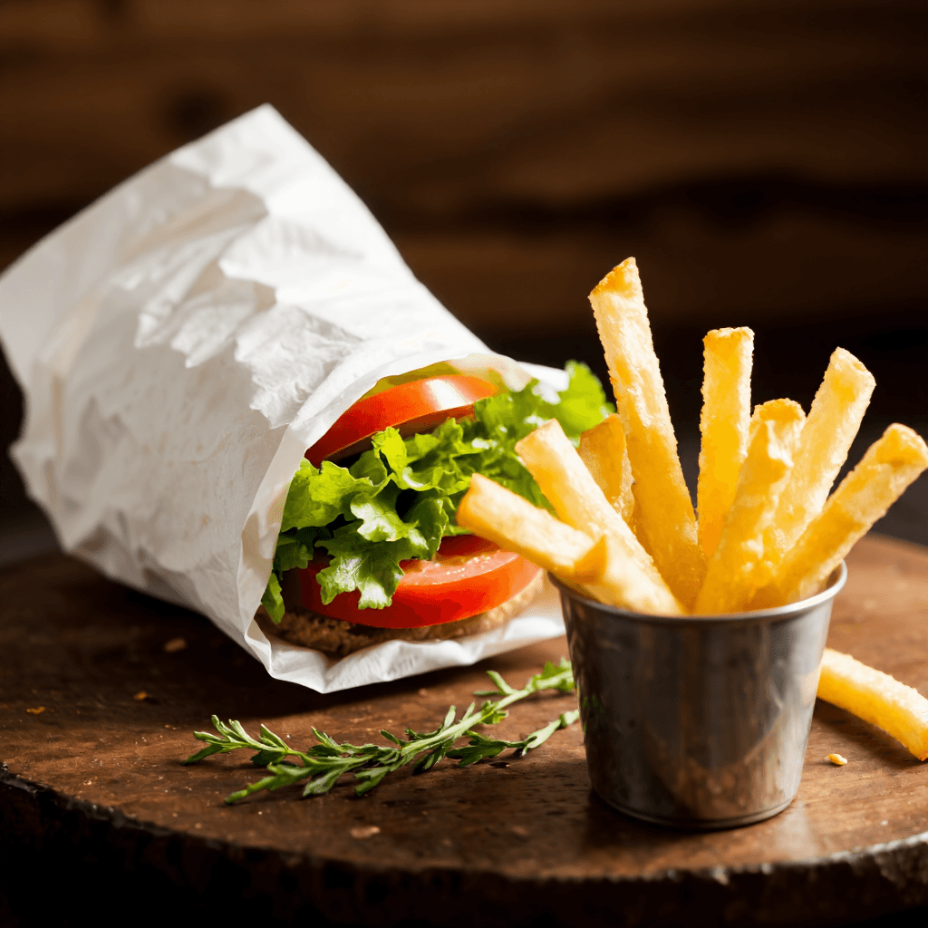 product photography of a wrapped sandwich with vegetables and sauce served with fries