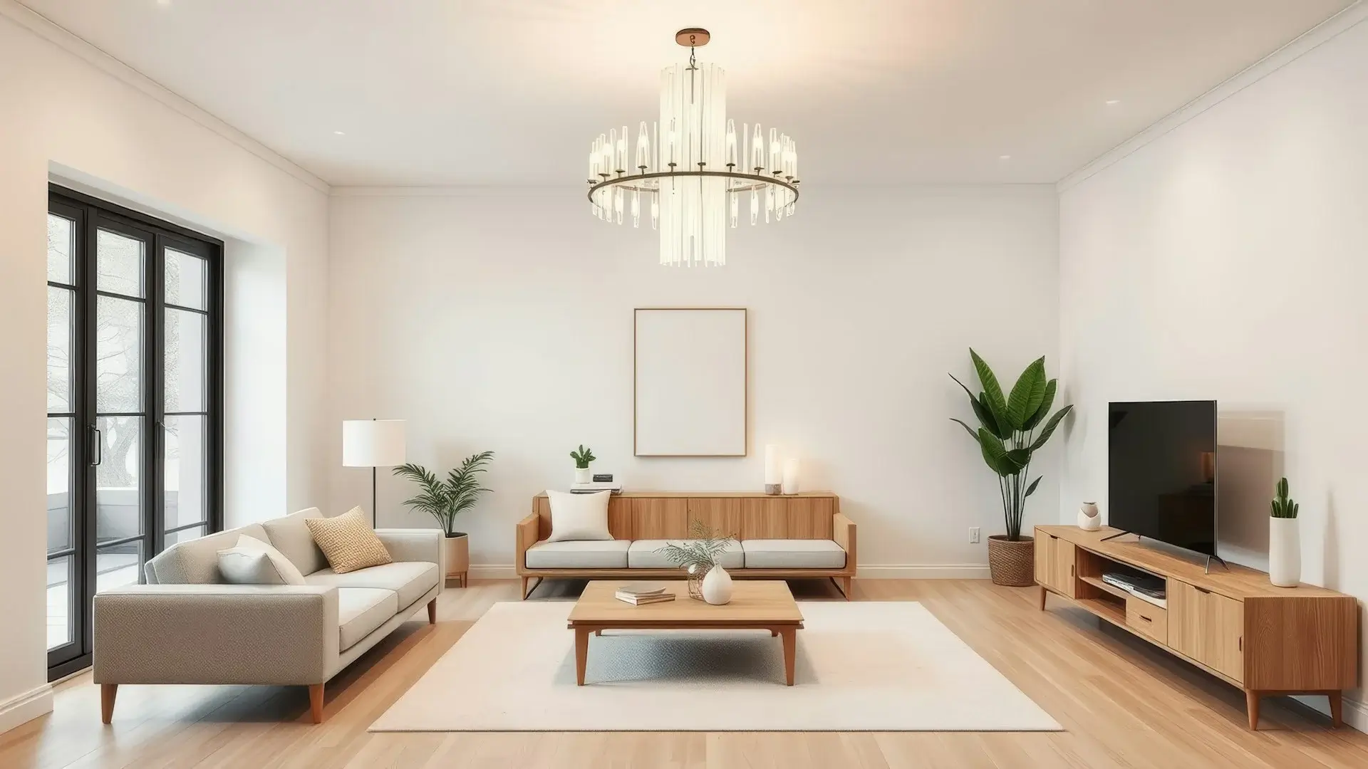 Minimal living room with wooden furniture, soft lighting, and indoor plants.