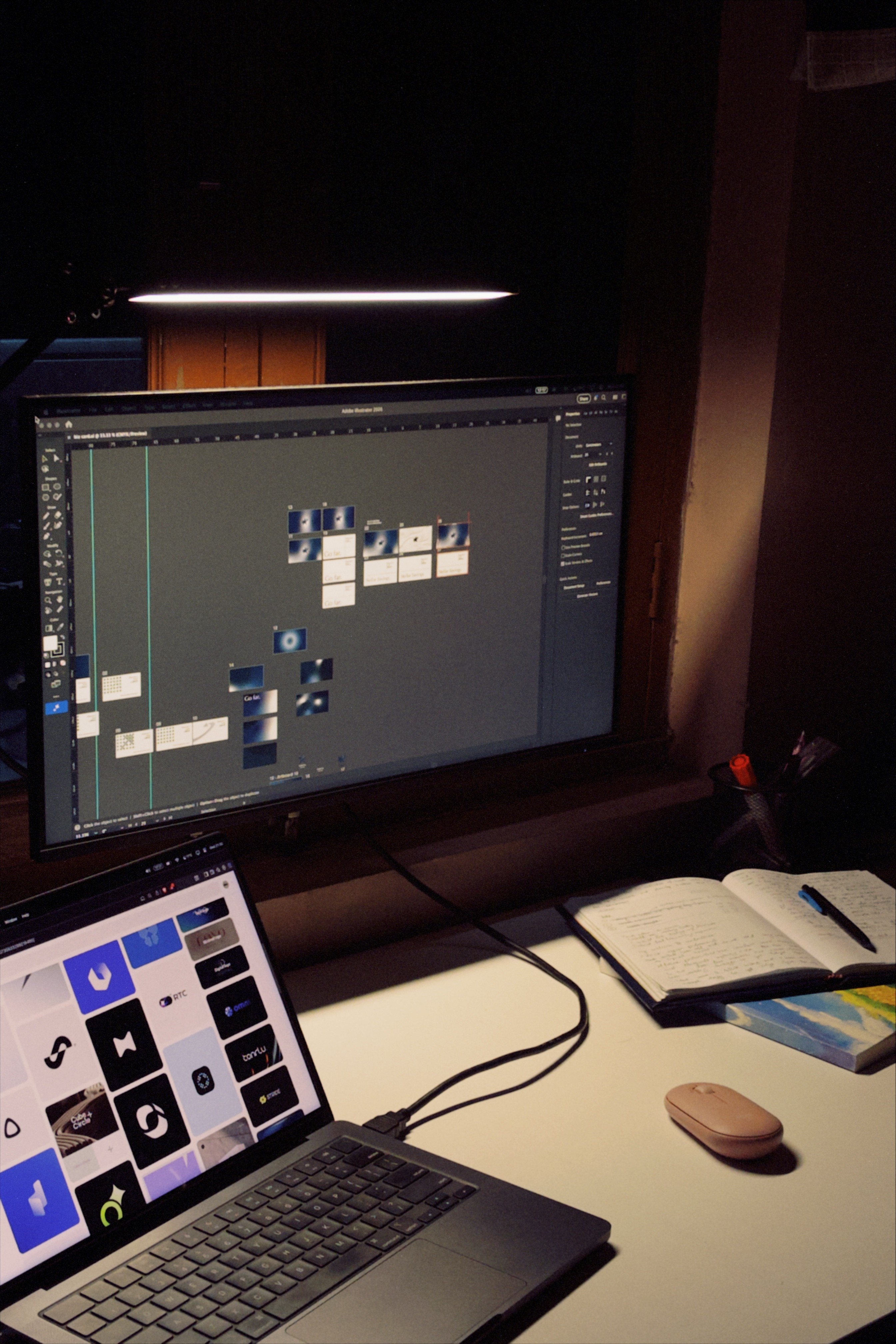 A man working on his computer in a dimly lit office space.