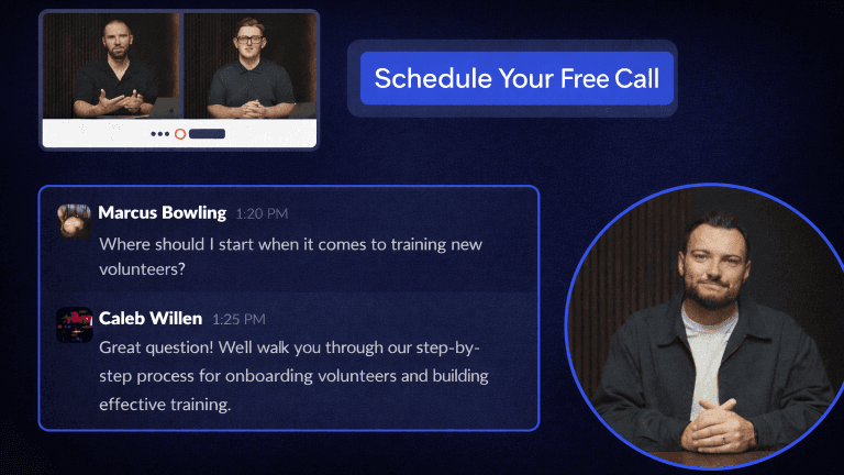 Resource cover for the free MxU worship ministry Strategy Call: a man sits with hands folded under chat on training volunteers and a Schedule Your Free Call button.