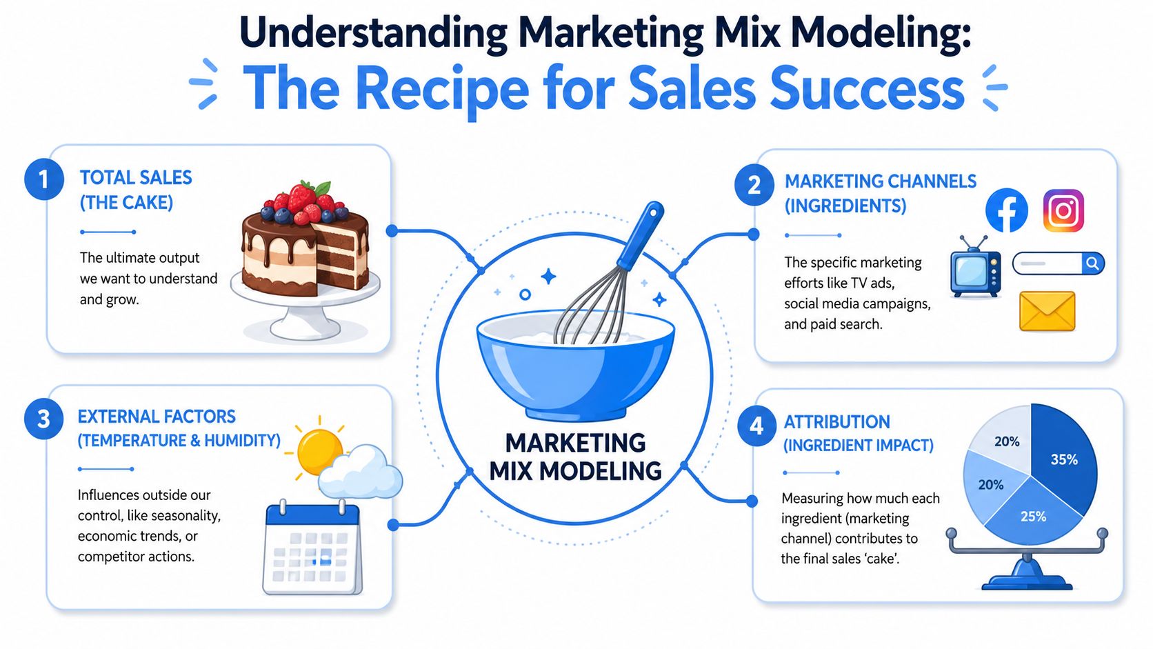 An infographic showing marketing mix modeling as a recipe to understand and grow total sales.