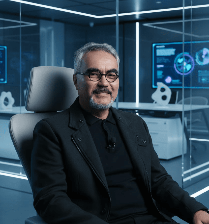 Portrait of a man with short dark hair and a trimmed beard, dressed in a dark shirt, on a simple background.