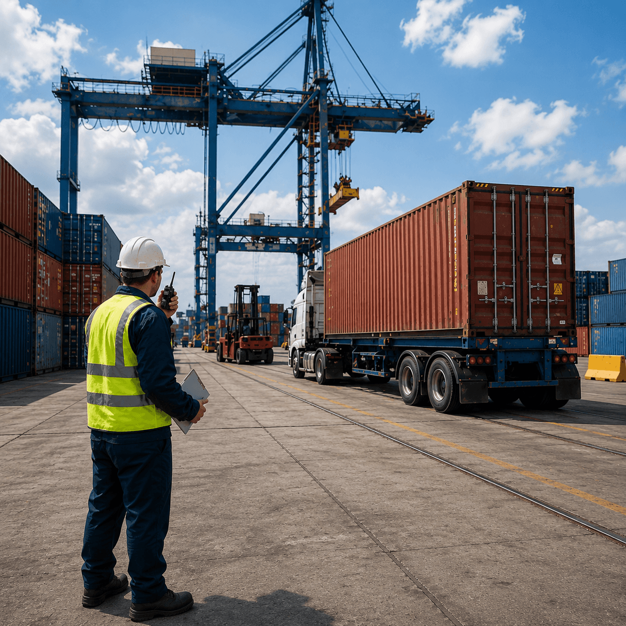 Port worker in a safety vest using a radio while a container truck moves through a shipping yard with cranes and stacked containers in the background.