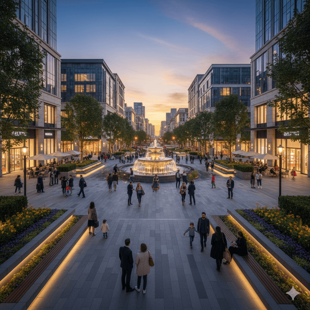 Central plaza and open boulevards commercial high street shopping area
