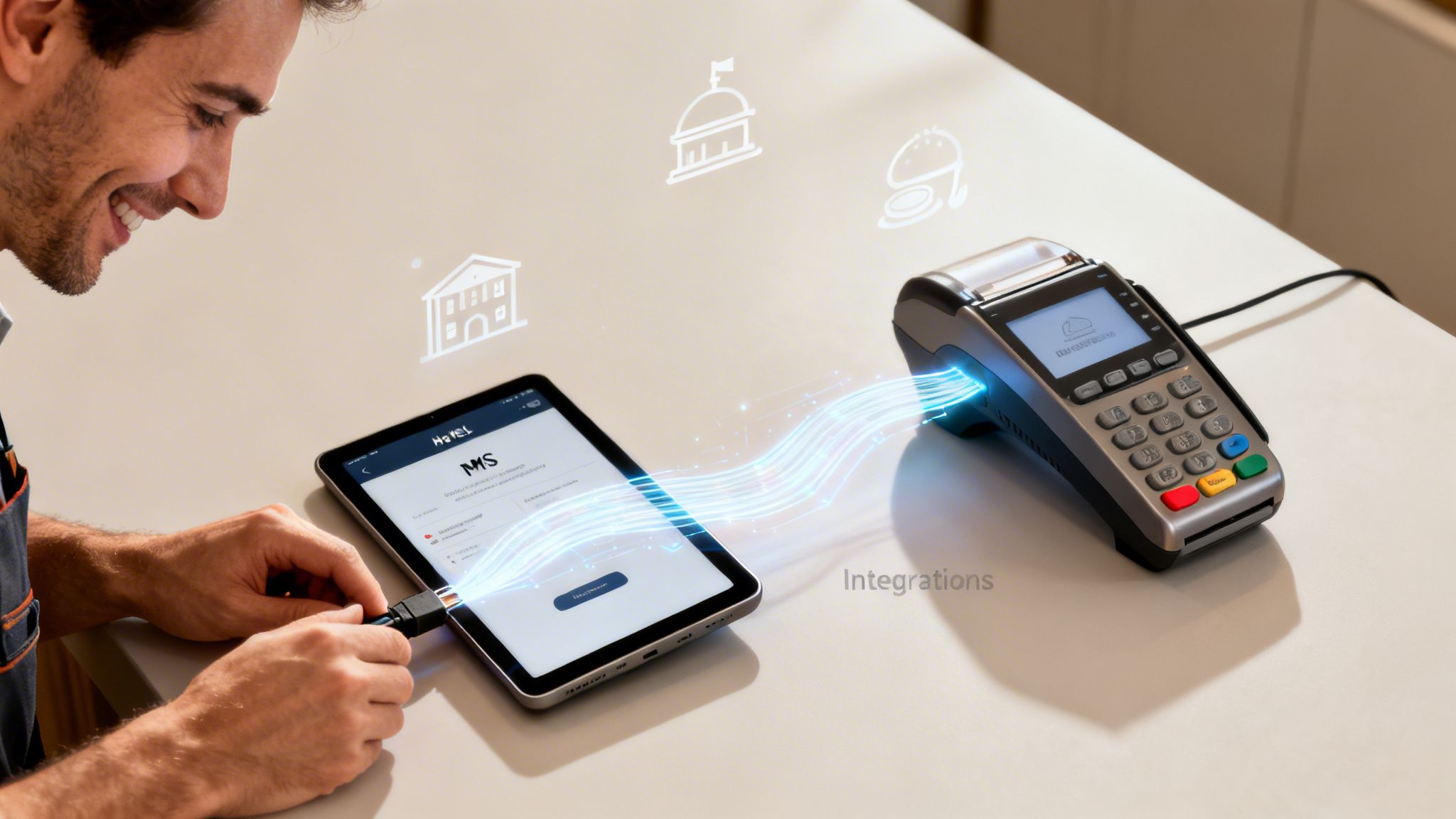 Smiling man connects a tablet to a payment terminal, illustrating business software integrations.