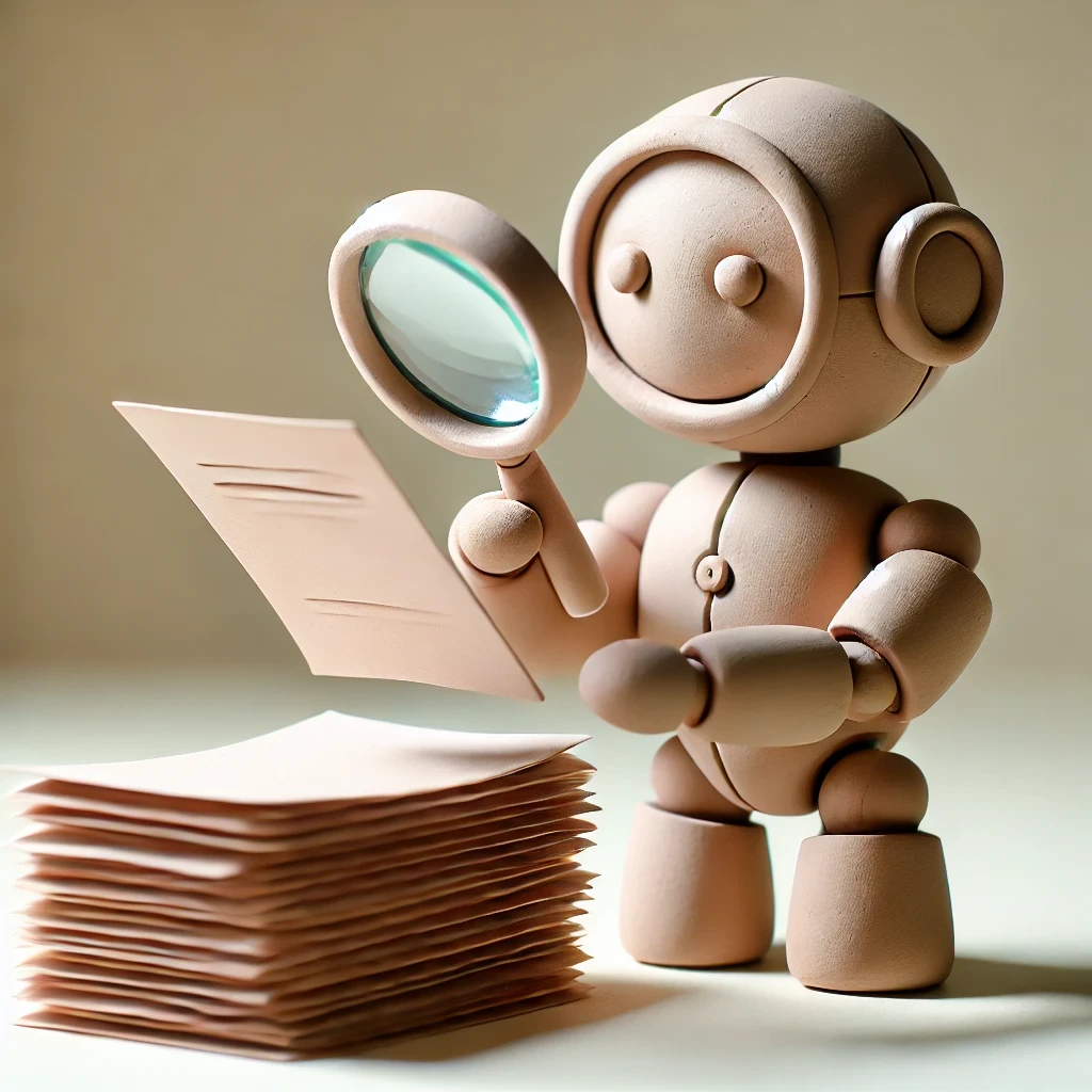 a clay modelled robot holding a magnifing glass and reading a resume