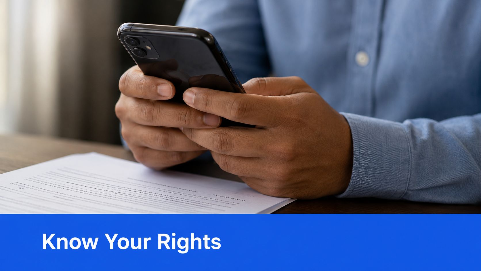 A professional holding a smartphone while looking at legal paperwork, focusing on the concept of legal rights.