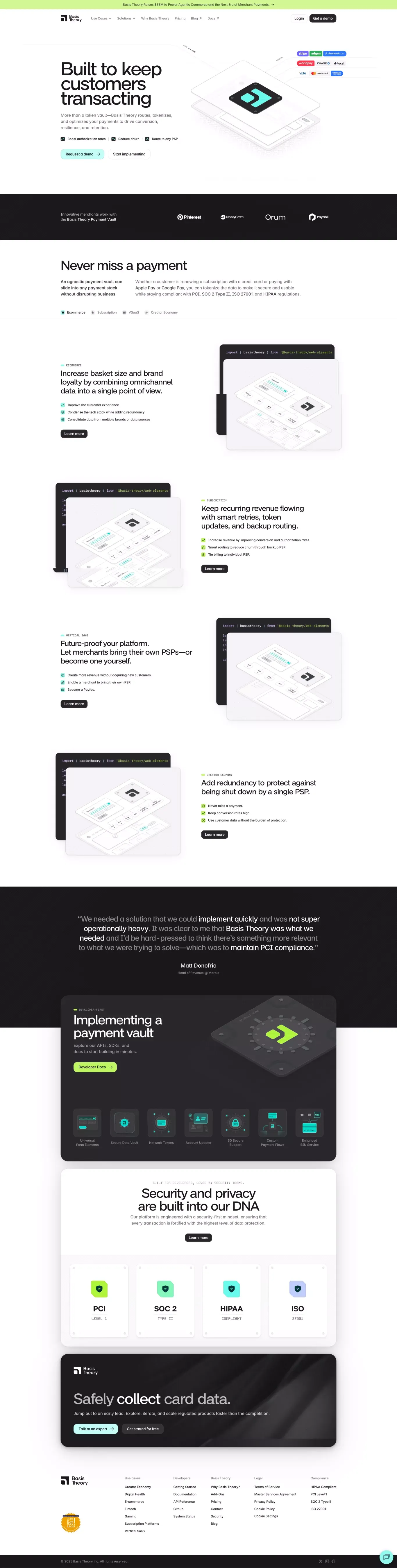 Basis Theory: Built to Keep Customers Tr ecommerce page screenshot showcasing Ecommerce and Finance design