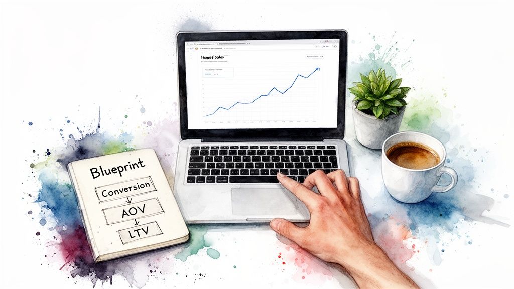 Hand typing on a laptop showing a rising Shopify sales graph, with a conversion blueprint notebook and coffee.