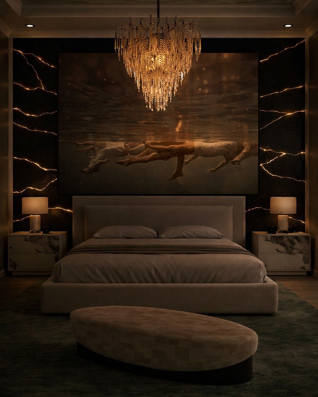 Moody luxury bedroom with a crystal chandelier, dramatic statement art, and dark stone feature walls.