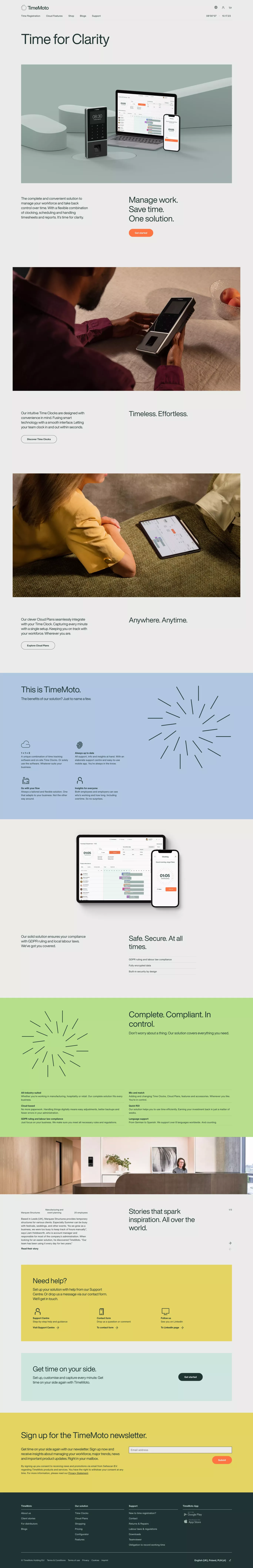 TimeMoto - Zeiterfassung landing page screenshot showcasing HR and Tech design