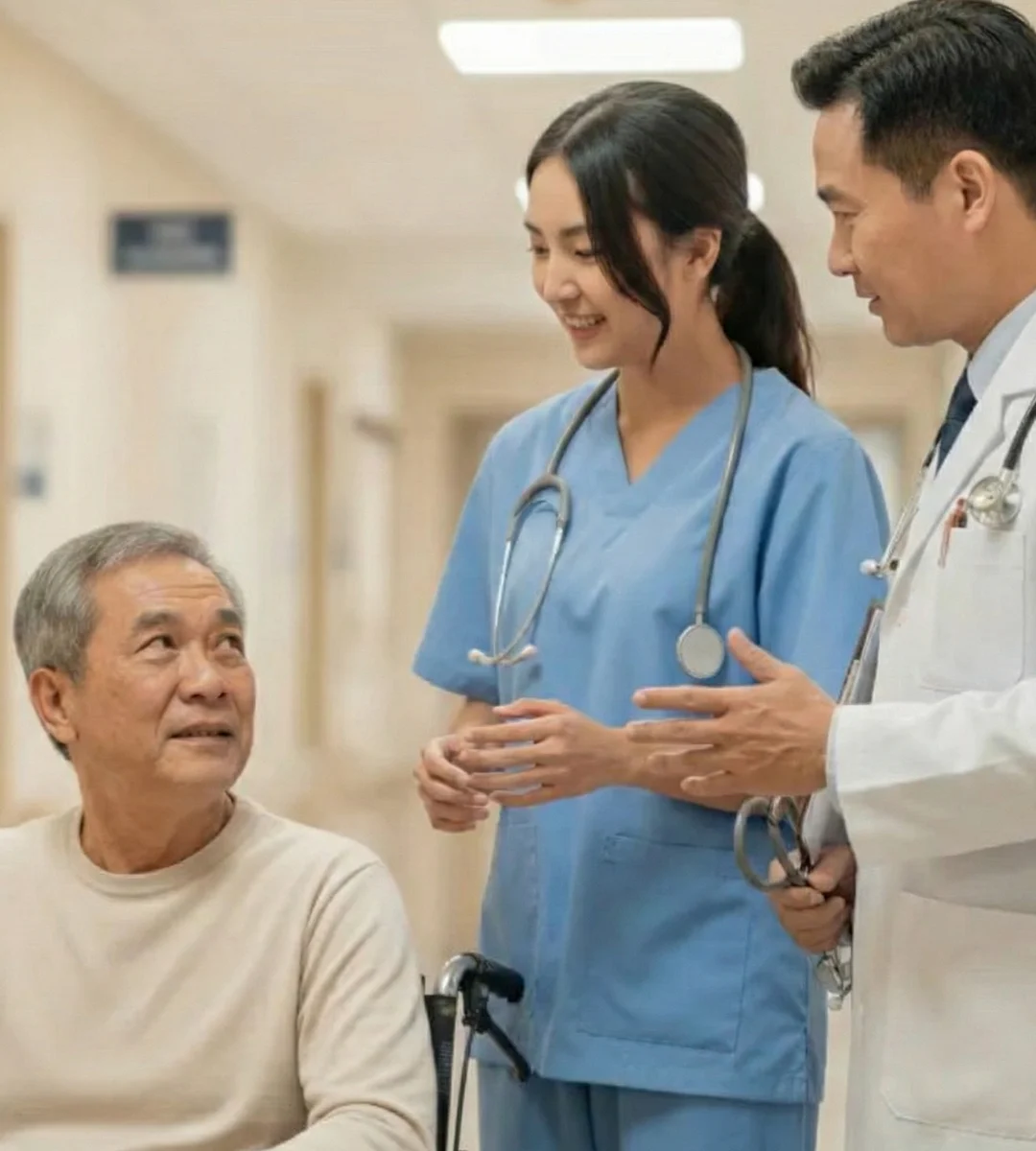 醫師與護理師在醫院走廊中向坐在輪椅上的長者進行專業說明與關懷問診，展現團隊協作的醫療照護服務。場景呈現醫護人員與長者之間的溫暖互動，強調高品質長照、健康管理與病患支持的重要性。