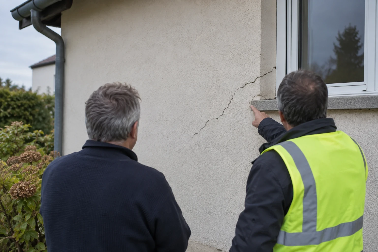 Un propriétaire et un expert devant la façade d’un pavillon, l’expert montre une fissure oblique partant d’un angle de fenêtre