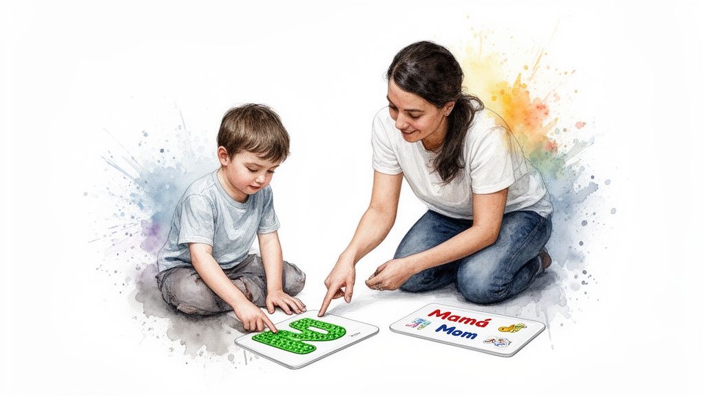 A happy mother and child on the floor, engaging in letter learning with educational boards.