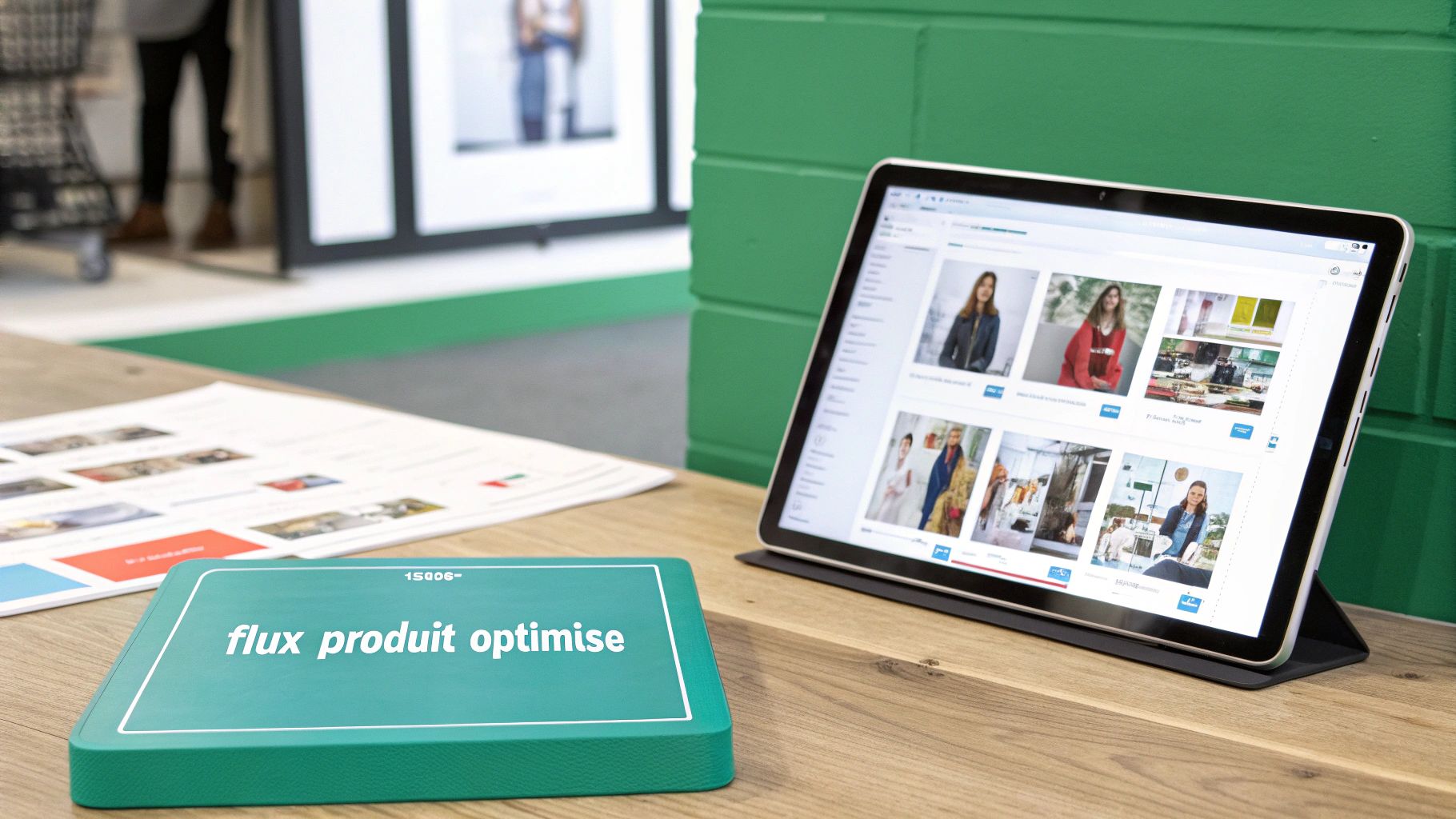Une tablette affichant des images de produits et un bloc vert avec l'inscription 'flux produit optimisé' sur une table en bois.