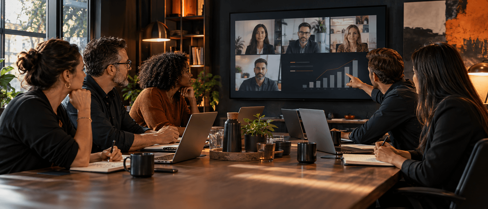 OutSwarm team focused on a client video call with laptops open and shared goals on screen