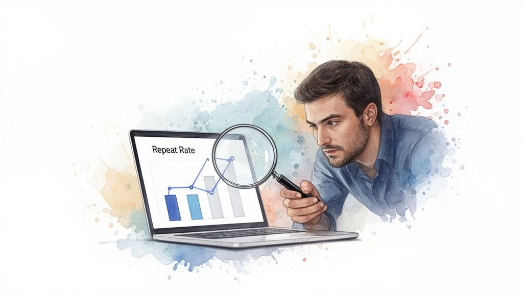 Watercolor illustration of a man analyzing a 