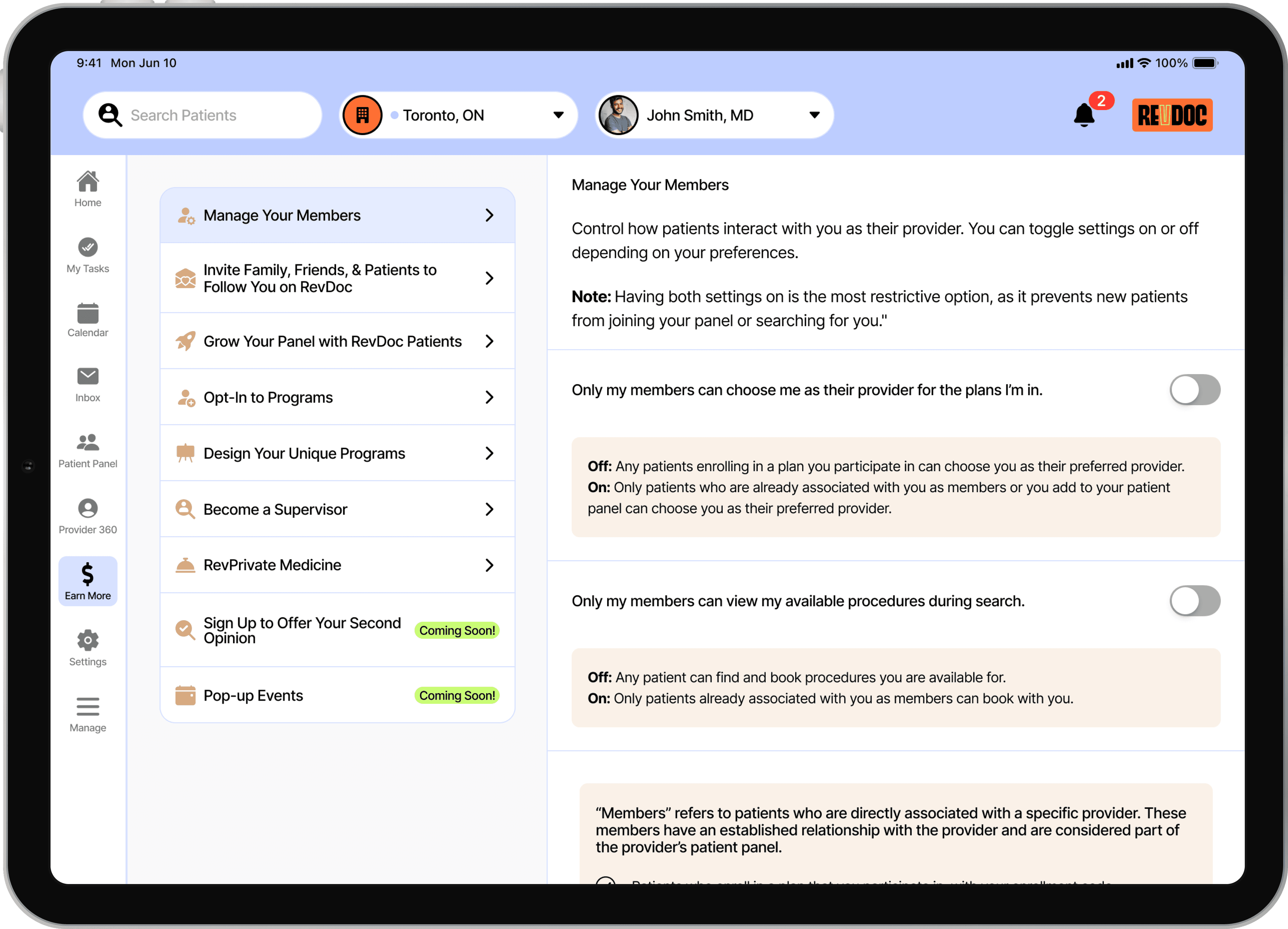 RevDoc's user interface for the Earn More tab of the Provider iPad app.