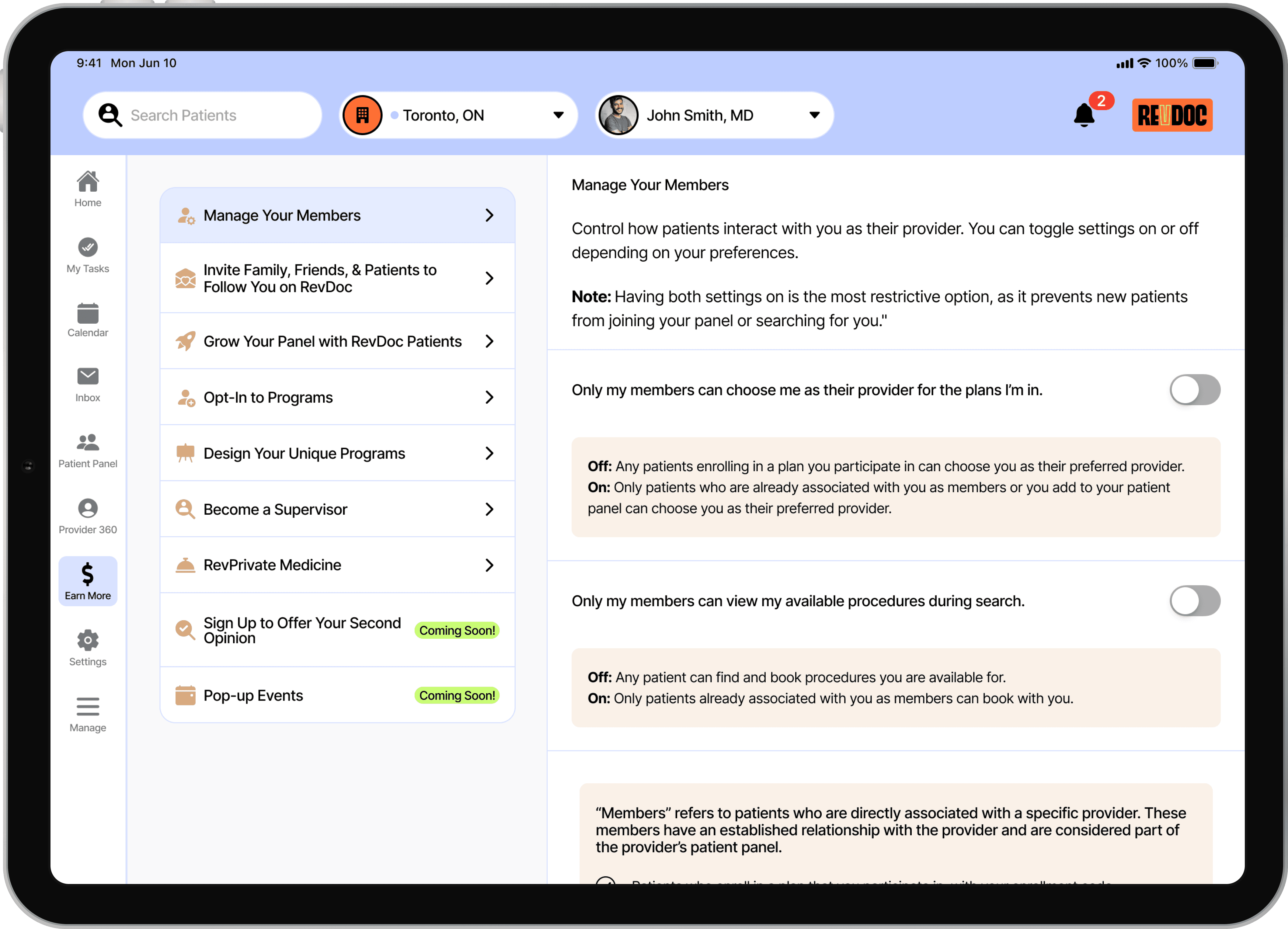 RevDoc's user interface for the Earn More tab of the Provider iPad app.
