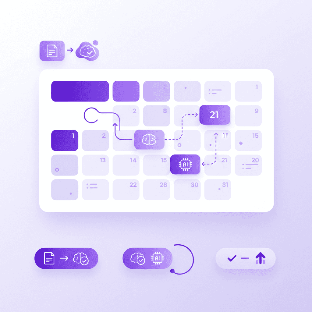 A visual calendar showing a 30-day exam prep schedule with color-coded blocks indicating spaced review intervals for Chapter 1