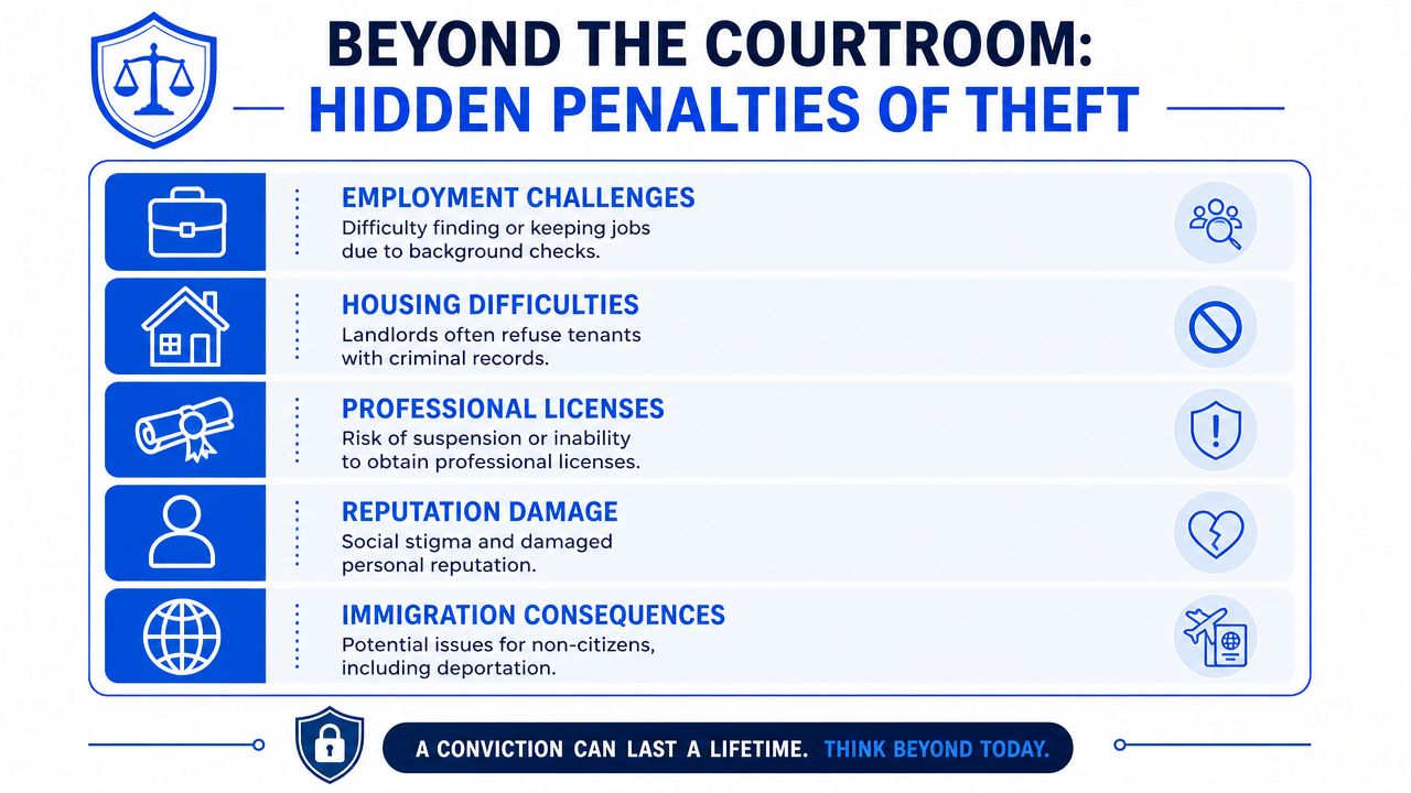 An infographic detailing the long-term, non-legal consequences of a theft conviction, including employment and housing barriers.