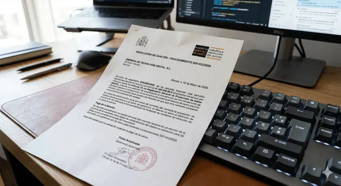 Notificación de sanción y multa de la Agencia Española de Protección de Datos (AEPD) por incumplimiento del RGPD.