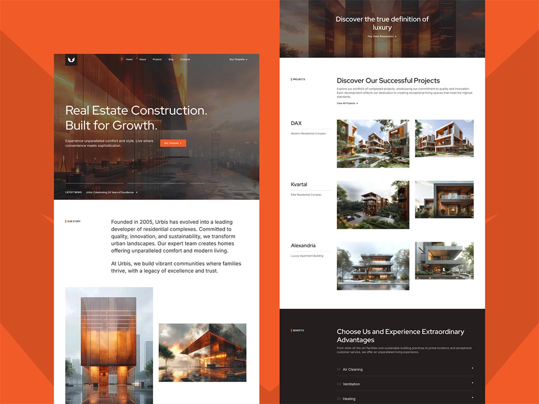 Urbis real estate website UI preview, Framer template with projects and property sections