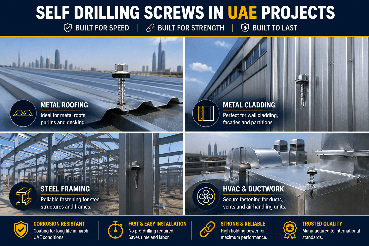 Self drilling screws used in UAE metal roofing, cladding, steel framing and HVAC applications