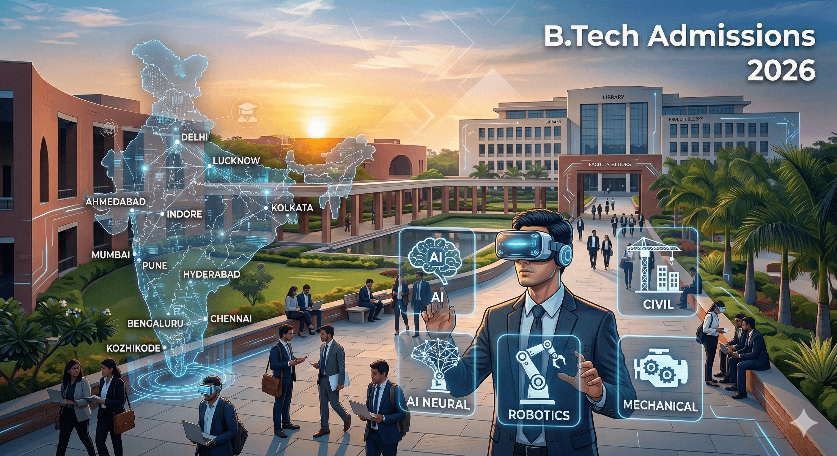 Futuristic engineering education concept for 2026 B.Tech admissions, highlighting diverse streams and tech-driven learning.