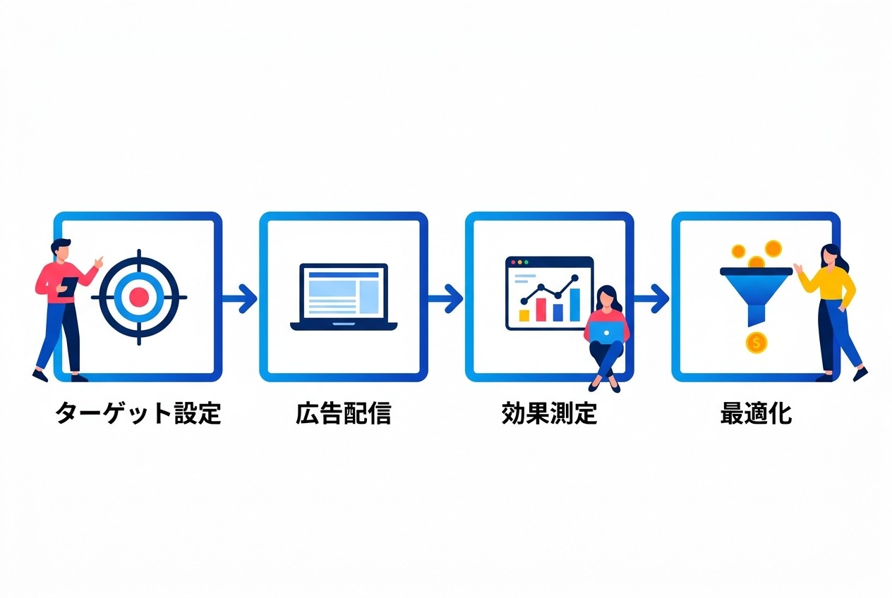 LinkedIn広告の配信から最適化までの4ステップ。ターゲット設定の精度が他媒体より高い分、配信開始から2週間程度で効果の方向性が見えてくる。