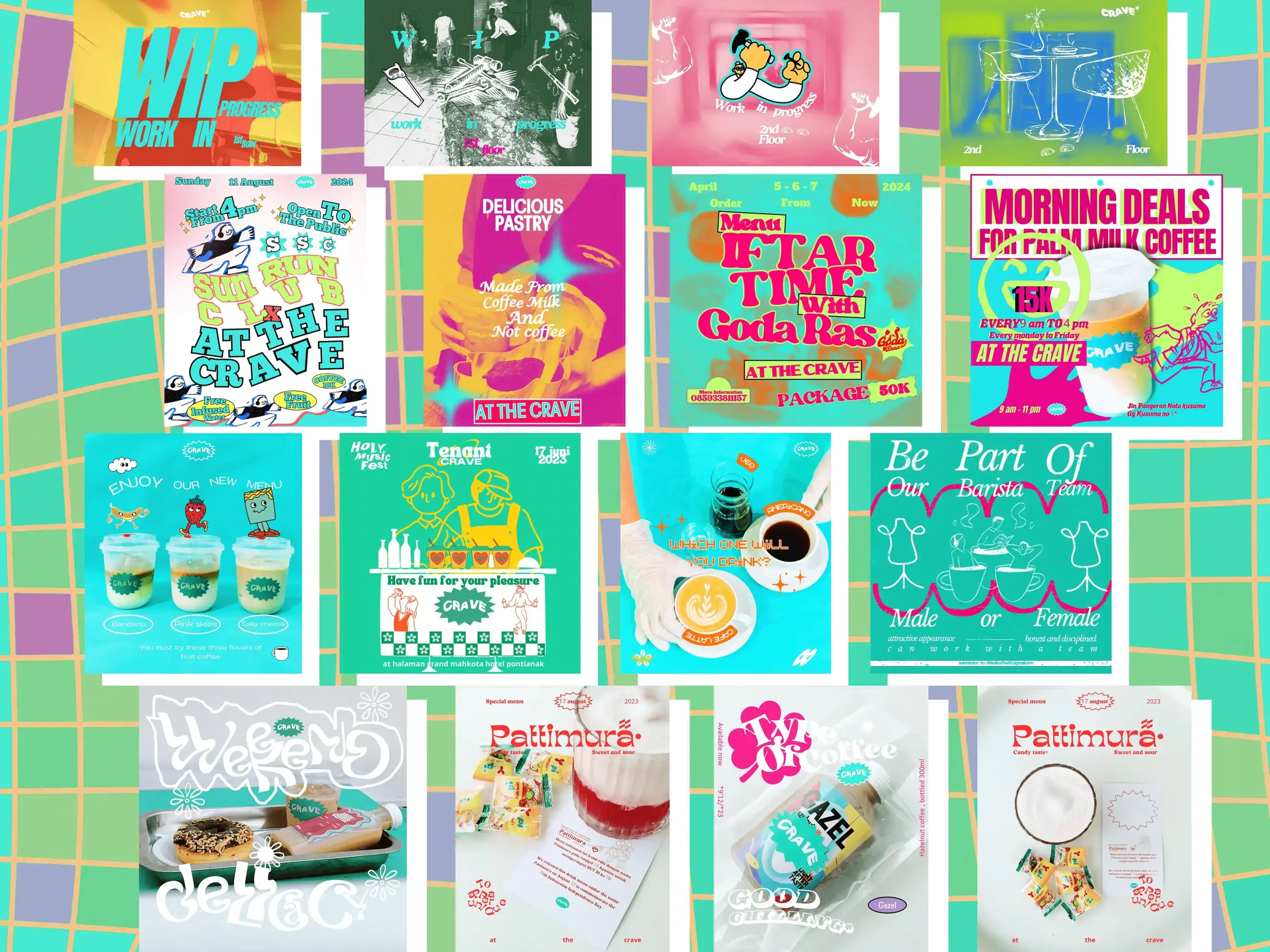 Bright Instagram banners in neon colors, with a mix of maximalism and retro styles, featuring trendy shapes, funny illustrations and bold typoghaphy