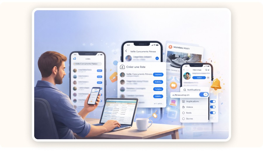 Entrepreneur analysant concurrents Instagram avec notifications et tableau de veille.