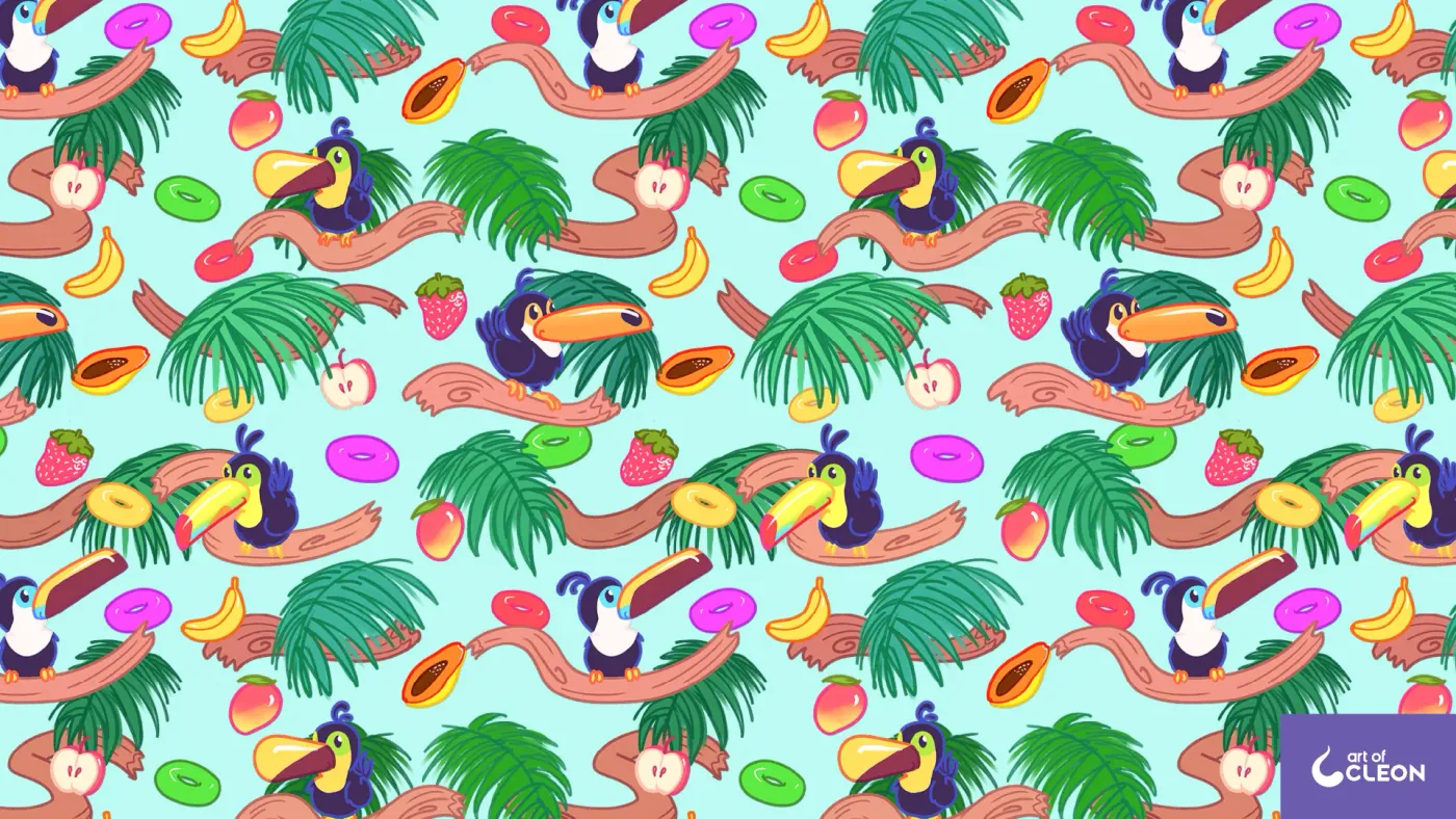 Touc Fruits repeat on a pale turquoise ground, with dark blue toucans, pink branches, green palm fronds, fruit, and colored cereal rings.