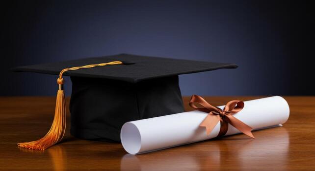 a graduation cap and a green tassel on a piece of wood
