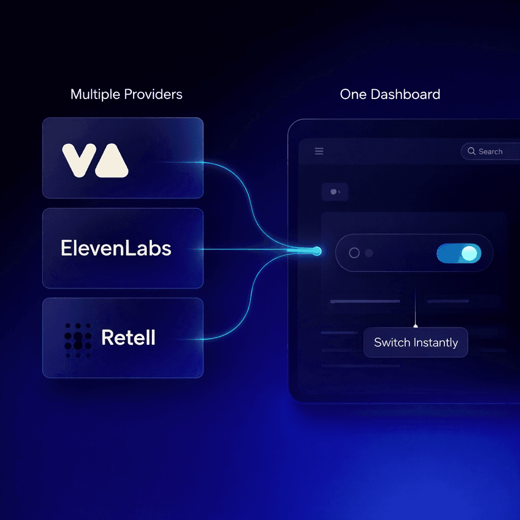 Dashboard interface showing multiple AI voice providers like Vapi, ElevenLabs, and Retell connected to one platform with instant switching capability | VoiceAIWrapper