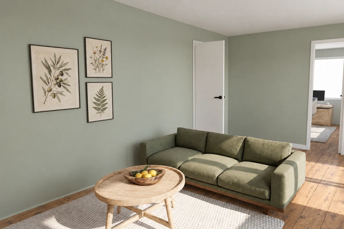 Living room rendered in a sage style with the same custom sofa