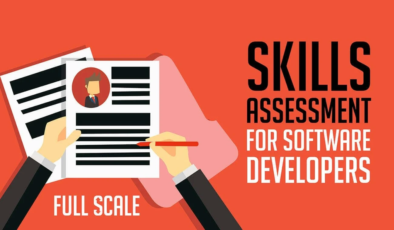 Illustration of hands holding and marking a resume with text 'Skills Assessment for Software Developers' on an orange background.