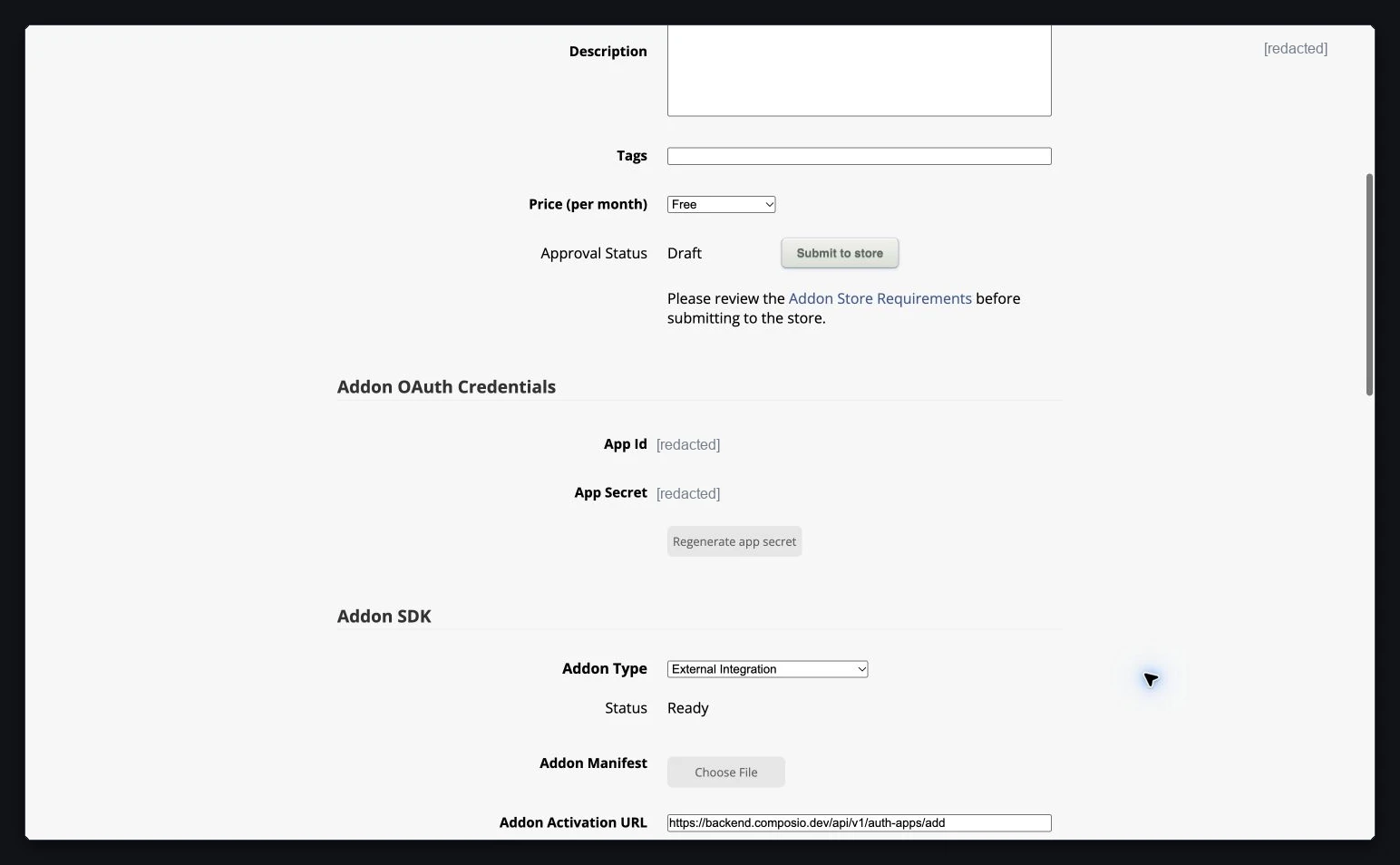 Save the add-on and copy App Id and App Secret